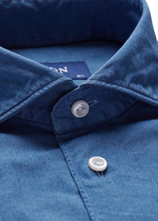 Slim - Mid Blue Lightweight Denim Shirt - Blue Discount