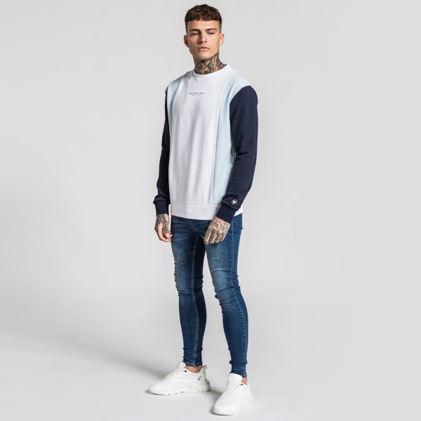 Sense Crew Sweater - White Light Blue Navy For Sale