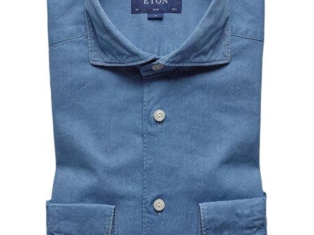 Slim - Mid Blue Lightweight Denim Shirt - Blue Discount