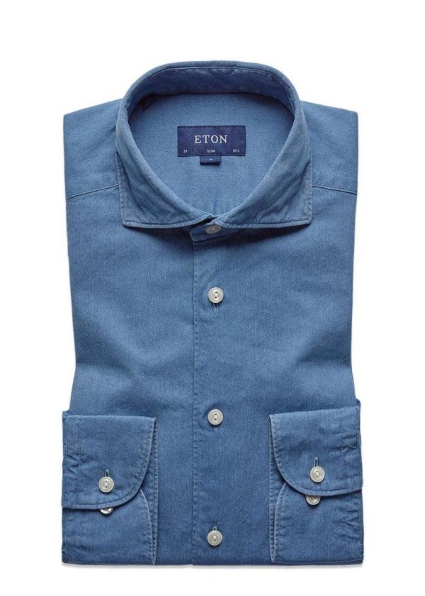 Slim - Mid Blue Lightweight Denim Shirt - Blue Discount