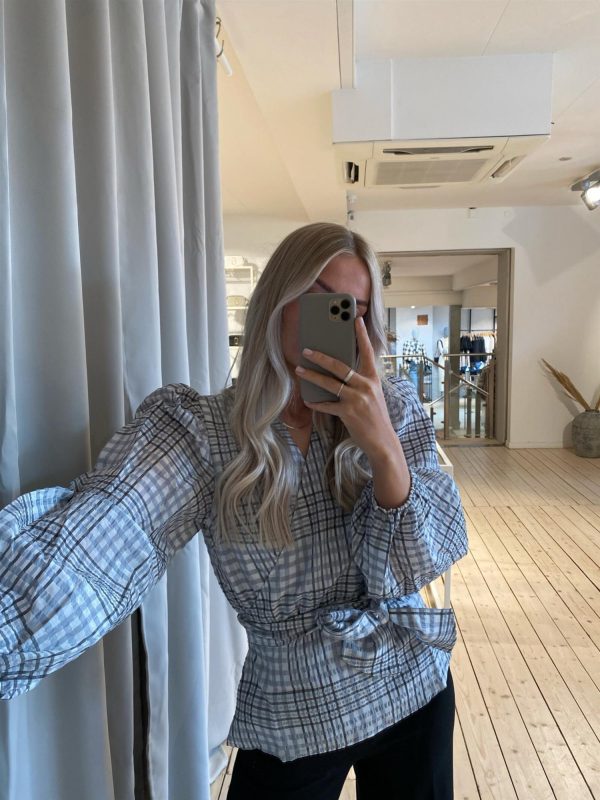 Taia wrap top - Pale Blue Check Sale