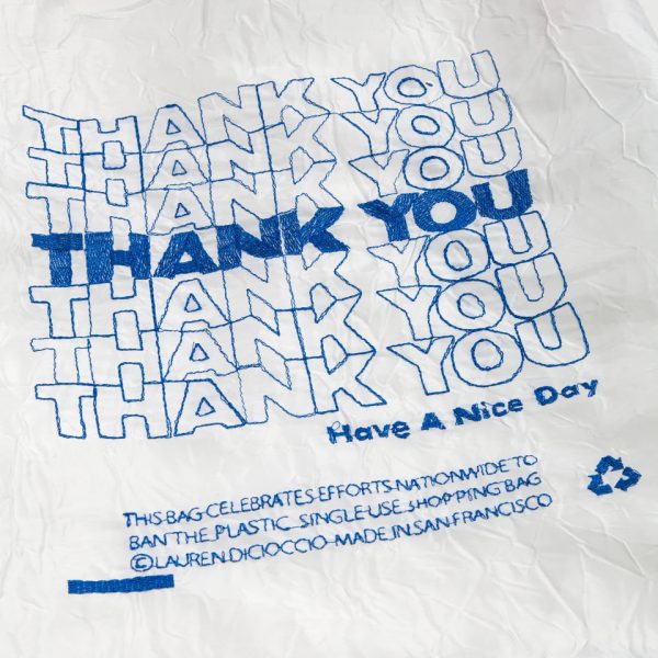 ECO BAG   MINI TOTE  THANK YOU   Blue Thread on White Fabric on Sale