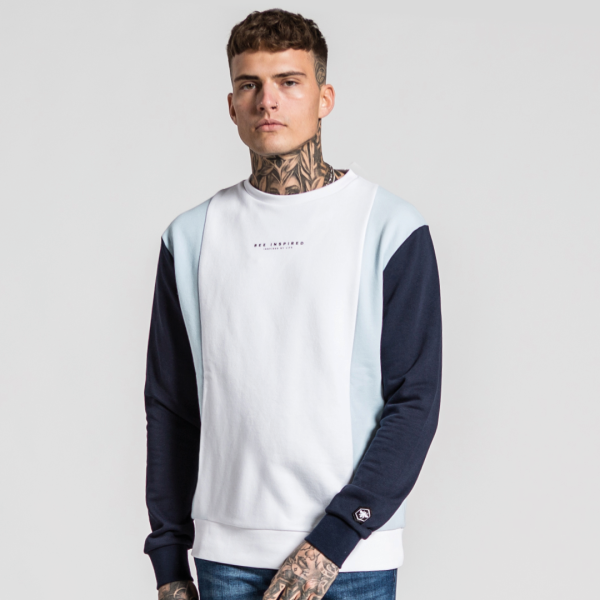 Sense Crew Sweater - White Light Blue Navy For Sale