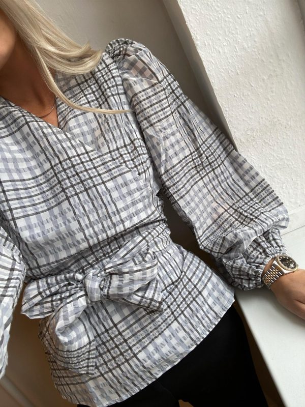 Taia wrap top - Pale Blue Check Sale